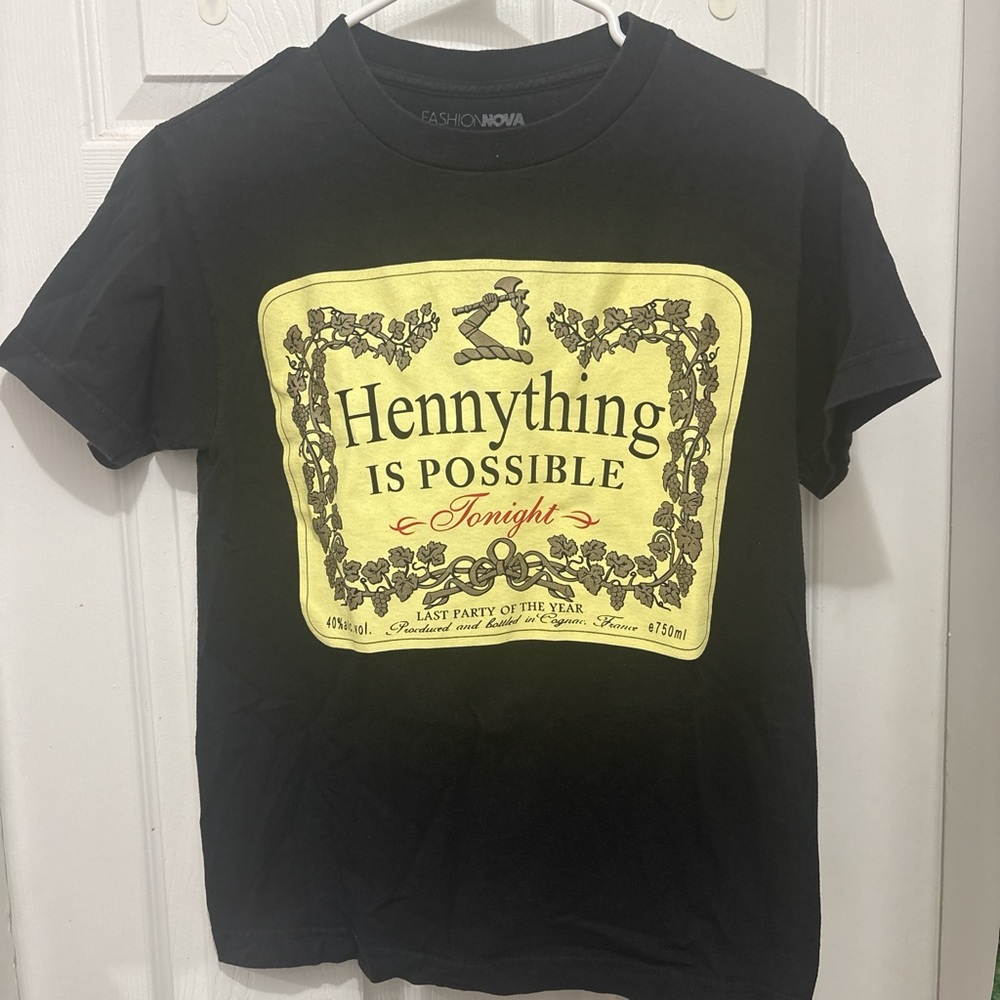 Fashion Nova Black Tee with Yellow Graphic "Hennything is Possible"